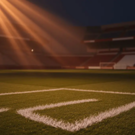 Empty stadium corner with dramatic evening floodlighting, white pitch markings, and red-white colour accents in stands.