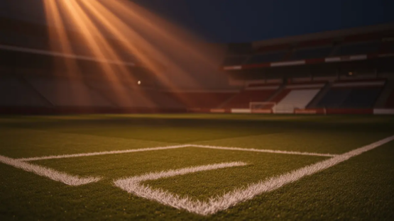 Empty stadium corner with dramatic evening floodlighting, white pitch markings, and red-white colour accents in stands.