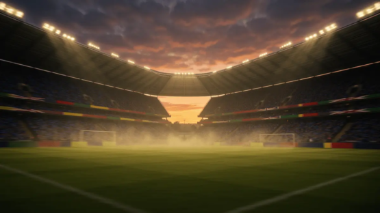 Floodlit stadium at dusk with packed stands, dramatic shadow patterns, and atmospheric mist under golden-hour lighting.