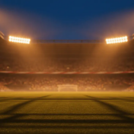 Floodlit World Cup stadium pitch at dusk, empty with dramatic shadows, packed stands in warm stadium lighting.
