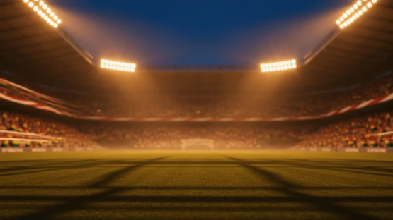 Floodlit World Cup stadium pitch at dusk, empty with dramatic shadows, packed stands in warm stadium lighting.