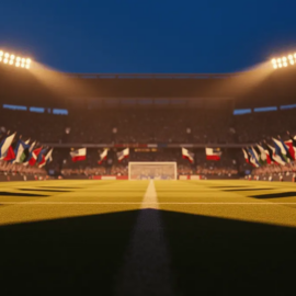 Packed stadium at dusk with floodlights casting shadows across pitch, flag colours of blue-white-red and black-white-green visible in stands.