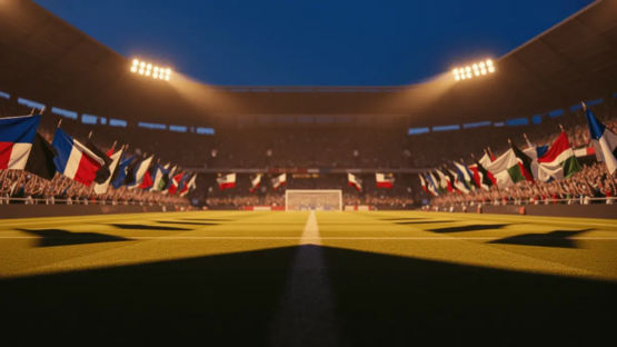 Packed stadium at dusk with floodlights casting shadows across pitch, flag colours of blue-white-red and black-white-green visible in stands.