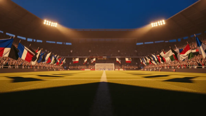 Packed stadium at dusk with floodlights casting shadows across pitch, flag colours of blue-white-red and black-white-green visible in stands.