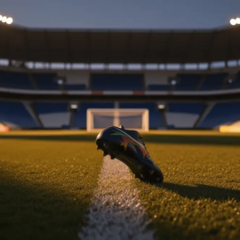 Close-up boot on football pitch corner, floodlit stadium, blue-white-gold colour palette, dramatic evening shadows.