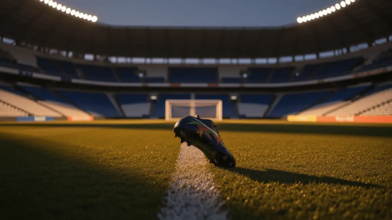 Close-up boot on football pitch corner, floodlit stadium, blue-white-gold colour palette, dramatic evening shadows.