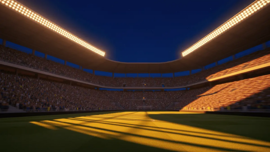 Floodlit stadium at golden-hour kick-off with packed stands, dramatic shadows, and atmospheric lighting for international football match.