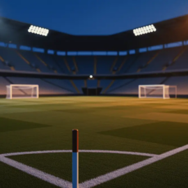 Empty floodlit stadium corner with blue and white lighting, viewed from corner flag at dusk.