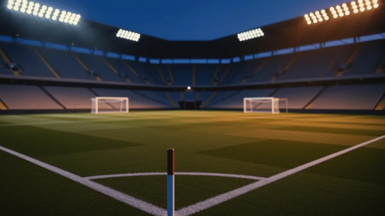 Empty floodlit stadium corner with blue and white lighting, viewed from corner flag at dusk.