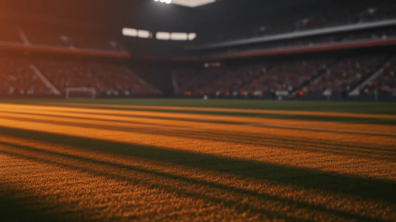 Floodlit World Cup stadium pitch with dramatic shadows at golden-hour kick-off, empty arena background.