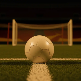 Empty floodlit stadium pitch at evening, match ball on centre spot, goal net blurred in background.