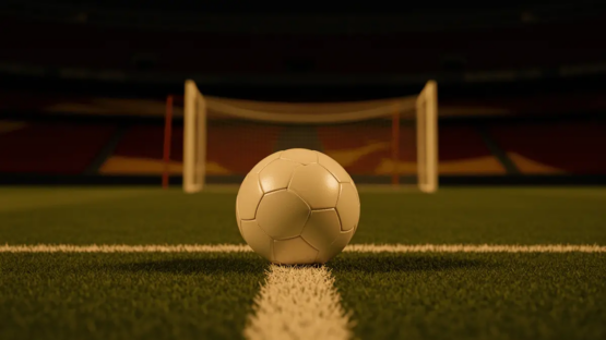 Empty floodlit stadium pitch at evening, match ball on centre spot, goal net blurred in background.