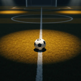 Floodlit football pitch at dusk with ball on centre spot, black and gold pitch tones, overhead aerial view.