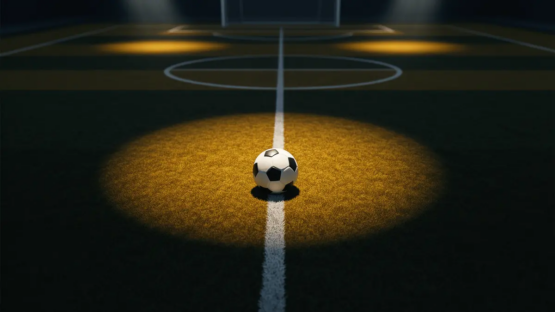 Floodlit football pitch at dusk with ball on centre spot, black and gold pitch tones, overhead aerial view.