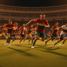 Floodlit football pitch at evening with motion blur, red-gold and white-blue colour accents, sharp shadows from stadium lights.