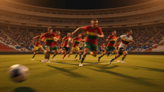 Floodlit football pitch at evening with motion blur, red-gold and white-blue colour accents, sharp shadows from stadium lights.