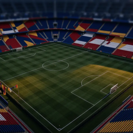 Overhead stadium view with flag-coloured stand sections under floodlights at dusk, pitch markings and bunting visible.