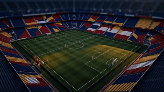 Overhead stadium view with flag-coloured stand sections under floodlights at dusk, pitch markings and bunting visible.