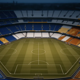 Overhead view of floodlit stadium bowl at dusk with colour-coded stand sections in national hues, geometric pitch markings visible below.