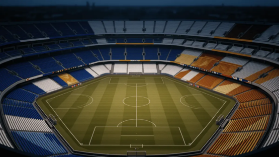 Overhead view of floodlit stadium bowl at dusk with colour-coded stand sections in national hues, geometric pitch markings visible below.