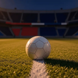 Floodlit football pitch at dusk with match ball on centre spot, Haiti and Scotland colours glowing in stadium stands, golden-hour lighting.