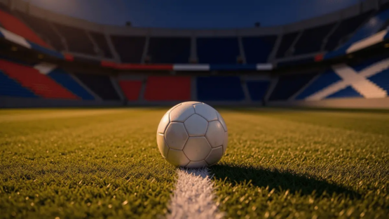 Floodlit football pitch at dusk with match ball on centre spot, Haiti and Scotland colours glowing in stadium stands, golden-hour lighting.