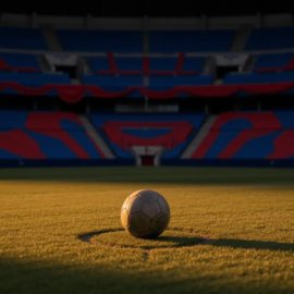 Floodlit stadium lower bowl at golden hour, empty stands with blue-red bunting, match ball on centre spot, dramatic shadow patterns.