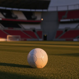 Empty floodlit football pitch at dusk with match ball on centre spot, dramatic shadow patterns, crimson and silver colour accents in stands.