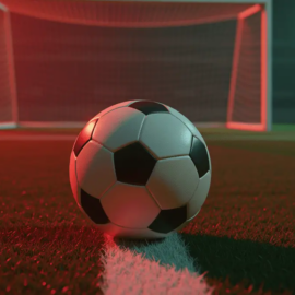 Match ball on centre line under floodlights with billowing net, evening stadium atmosphere, red and emerald tones.
