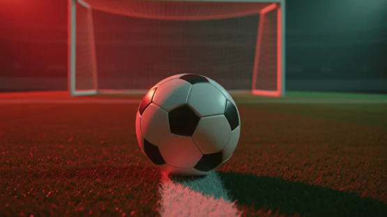 Match ball on centre line under floodlights with billowing net, evening stadium atmosphere, red and emerald tones.