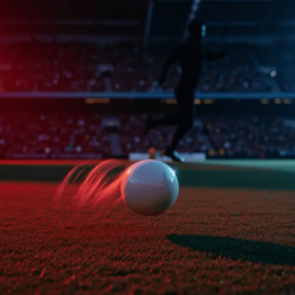 Player kicking football on floodlit pitch with red and blue stadium lighting, golden-hour dusk atmosphere.