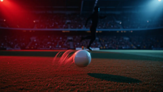 Player kicking football on floodlit pitch with red and blue stadium lighting, golden-hour dusk atmosphere.