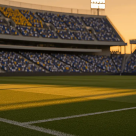 Floodlit stadium at dusk with packed stands, geometric shadow patterns on grass pitch, golden-hour lighting.