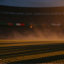 Floodlit stadium pitch at dusk with long shadows, corner flag in focus, packed stands in background.