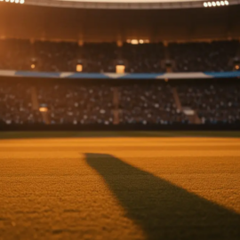 Floodlit stadium pitch at dusk with packed stands, golden-hour lighting and dramatic shadows, no players visible.