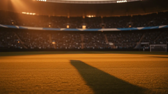 Floodlit stadium pitch at dusk with packed stands, golden-hour lighting and dramatic shadows, no players visible.