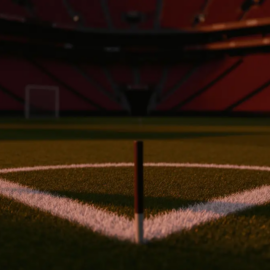 Empty stadium corner flag at dusk with burgundy and black lighting, emerald pitch markings, shallow depth of field.