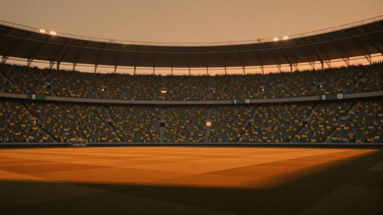 Floodlit stadium at dusk with packed stands showing Mexico green and Ecuador yellow-blue flag colours, empty pitch with dramatic shadows.
