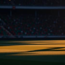 Floodlit stadium pitch at golden hour with packed stands, diagonal shadows, cinematic colour grading, low-angle perspective.