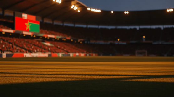 Floodlit stadium at dusk with packed stands, dramatic shadow patterns, and golden-hour lighting; no players visible.