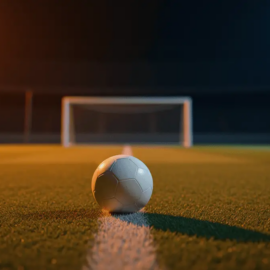 Floodlit stadium pitch at evening with match ball on centre spot, orange and blue atmospheric lighting, dramatic shadows.