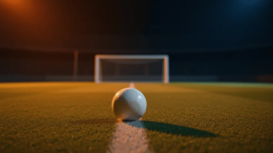 Floodlit stadium pitch at evening with match ball on centre spot, orange and blue atmospheric lighting, dramatic shadows.