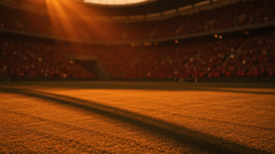 Floodlit stadium at golden hour with packed stands, dramatic shadows, and warm amber lighting creating knockout-stage atmosphere.