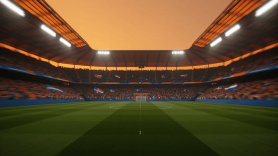 Floodlit stadium at golden-hour with orange and blue colour palette, dramatic shadows, packed stands silhouetted against warm evening sky.