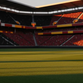 Floodlit stadium with packed stands in New Zealand black and Belgian red colours, dramatic shadows across empty pitch at dusk.