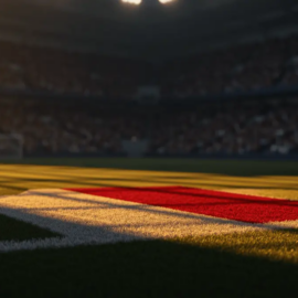 Floodlit football pitch with dramatic shadows, packed stadium, golden-hour lighting, white and red-gold colour palette.