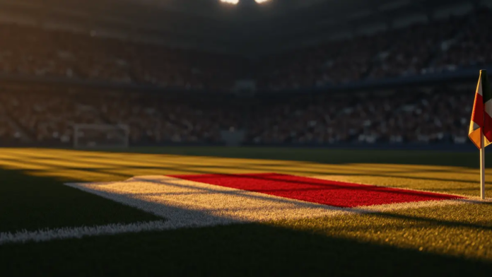Floodlit football pitch with dramatic shadows, packed stadium, golden-hour lighting, white and red-gold colour palette.