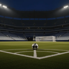 Empty stadium corner view, floodlit pitch at dusk with match ball on centre spot, navy and white accent lighting.