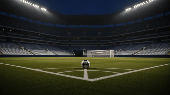Empty stadium corner view, floodlit pitch at dusk with match ball on centre spot, navy and white accent lighting.