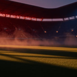 Floodlit football stadium at dusk with packed stands and dramatic blue-red atmospheric lighting over empty pitch.